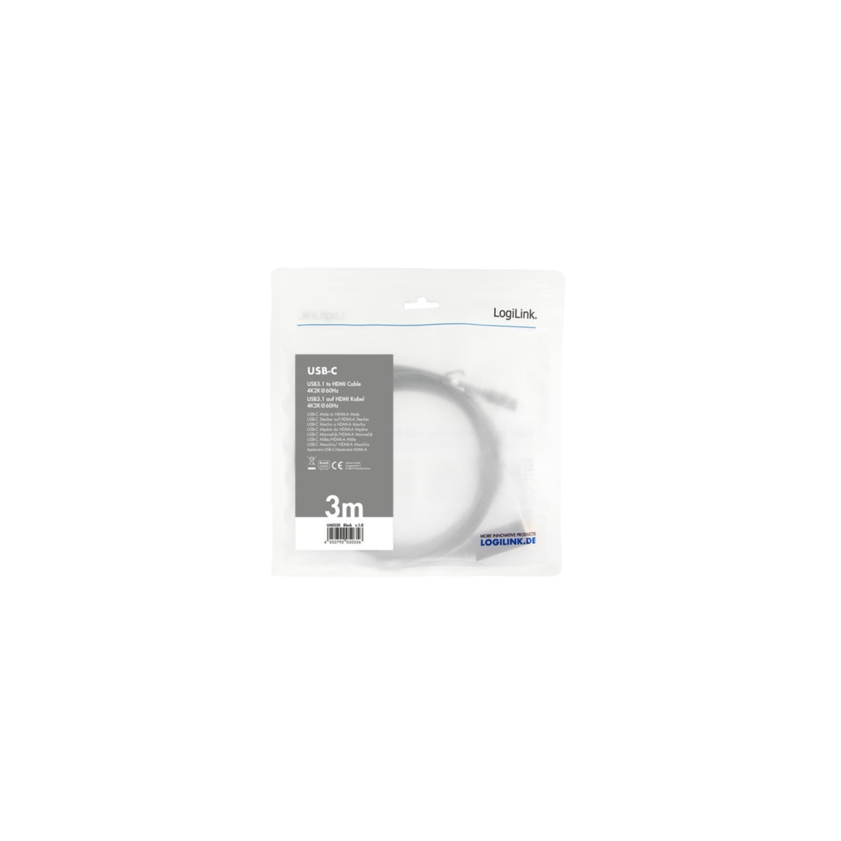 Kabel LogiLink USB 3.2 Gen1 Type-C Kabel, C/M zu HDMI-A/M, 4K/60 Hz, schwarz, 3 m UA0330