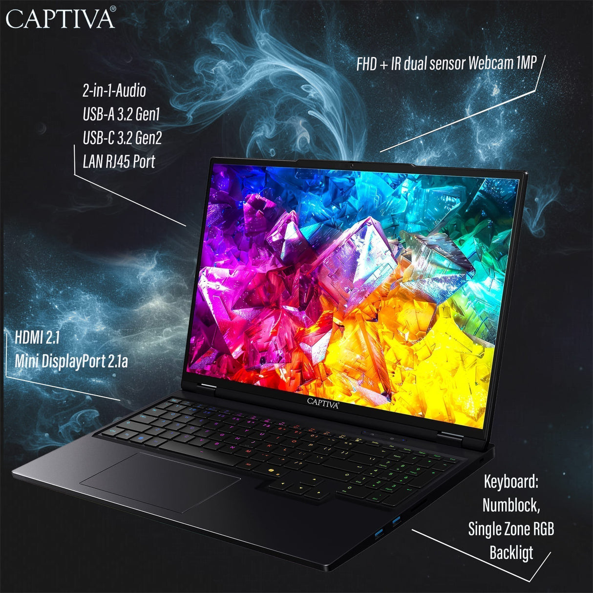 Captiva Notebook Highend Gaming R98-063CH Ryzen 9 9955HX (16,0", 16GB, 1TB SSD, GeForce RTX5080 16GB, Win 11 Pro)