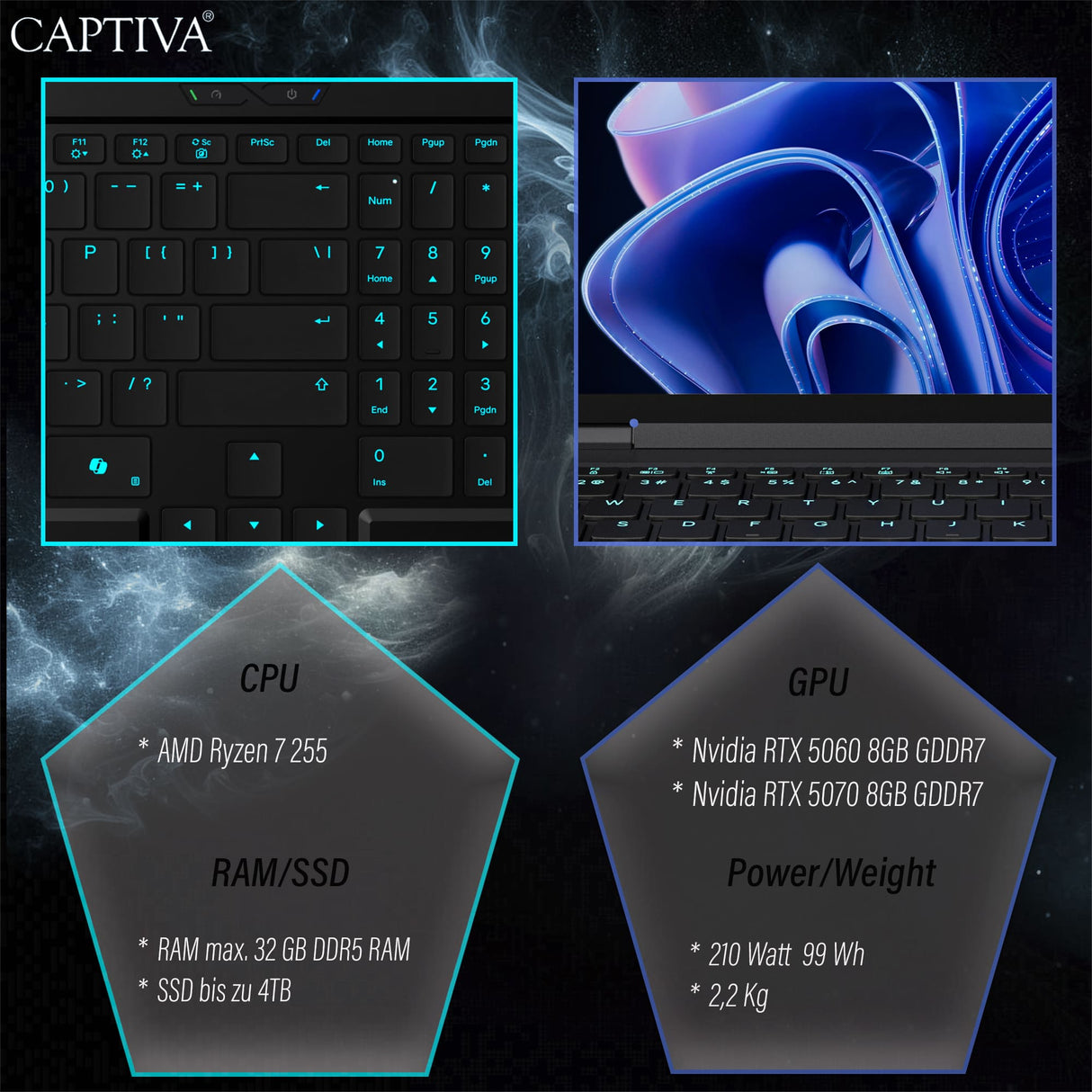 Captiva Notebook Advanced Gaming I97-981CH Ryzen 7 255 (15.3", 32GB, 1TB SSD, GeForce RTX 5060 8GB, w/o OS)