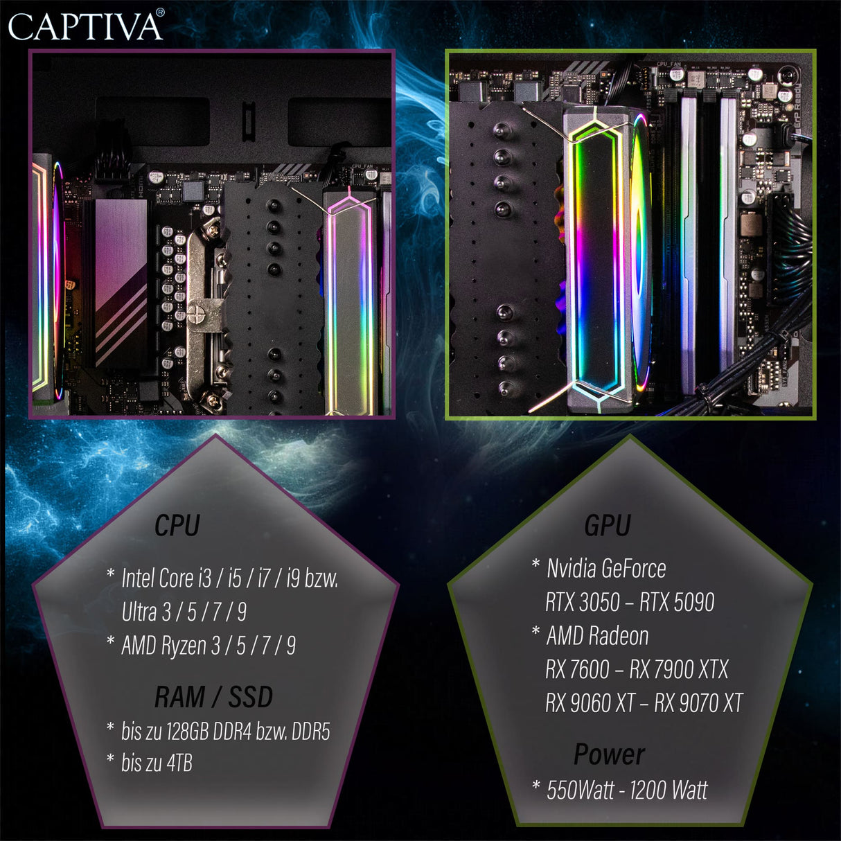 Captiva PC Advanced Gaming I95-516 (i7-14700KF/RTX5060 Ti 16GB GDDR7/SSD 2TB/32GB/WLAN/w/o OS)