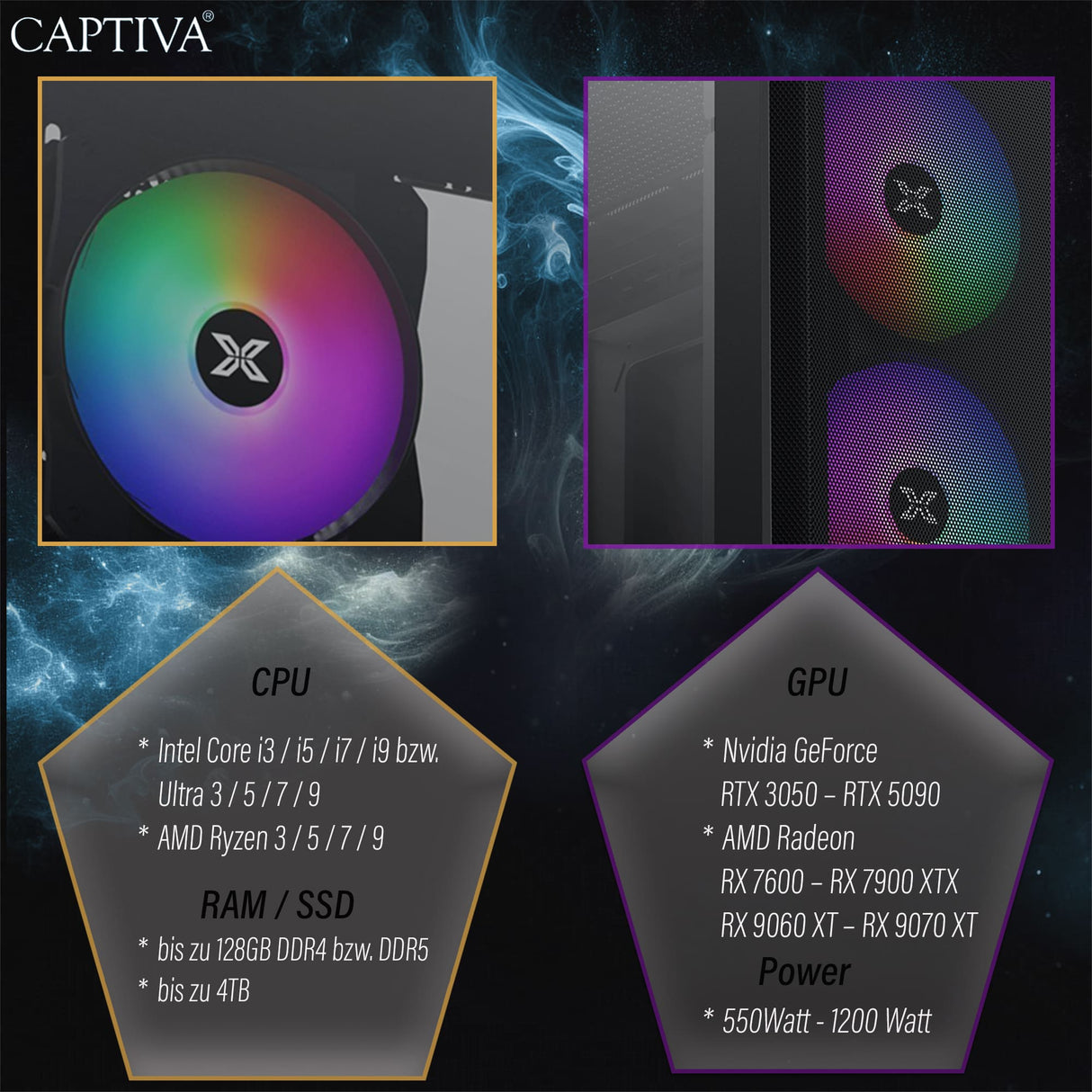 Captiva PC Highend Gaming R10-0366 (Ryzen 7 9800X3D/RTX5070 12GB GDDR7/SSD 2TB/32GB/WLAN/Windows 11 Home 64-bit)