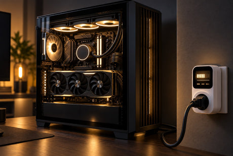 Gaming-PC mit Strommessgerät an der Steckdose