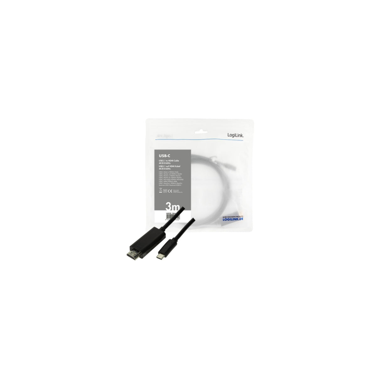 Kabel LogiLink USB 3.2 Gen1 Type-C Kabel, C/M zu HDMI-A/M, 4K/60 Hz, schwarz, 3 m UA0330
