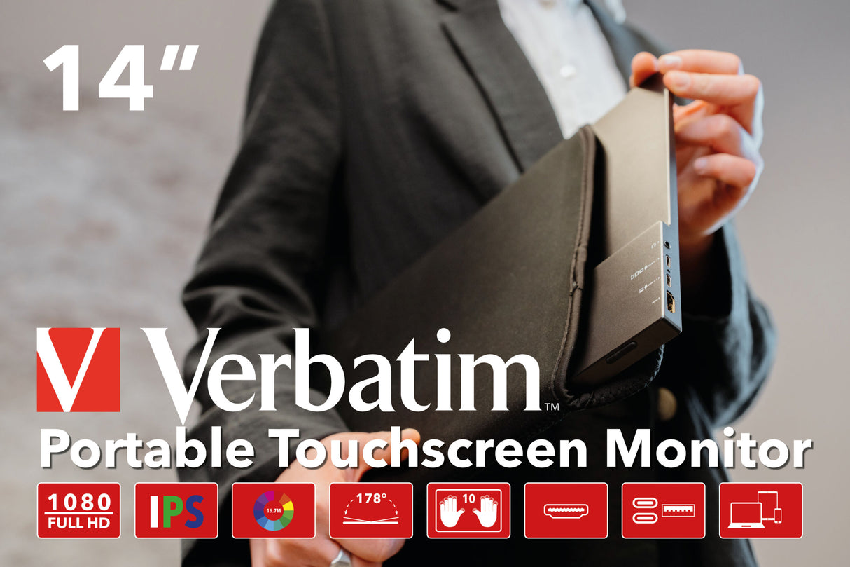 TFT Verbatim PMT-14, Portable Touchscreen Monitor 35,60cm (14"), HDMI,2xUSB-C,SP 49591