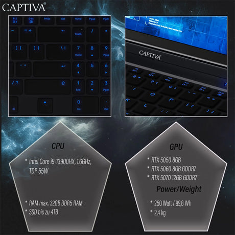 Captiva Notebook Advanced Gaming I91-965 i9 13900HX (16,0", 32GB, 2TB SSD, GeForce RTX5050 8GB, Win 11 Home) ComputerKönig