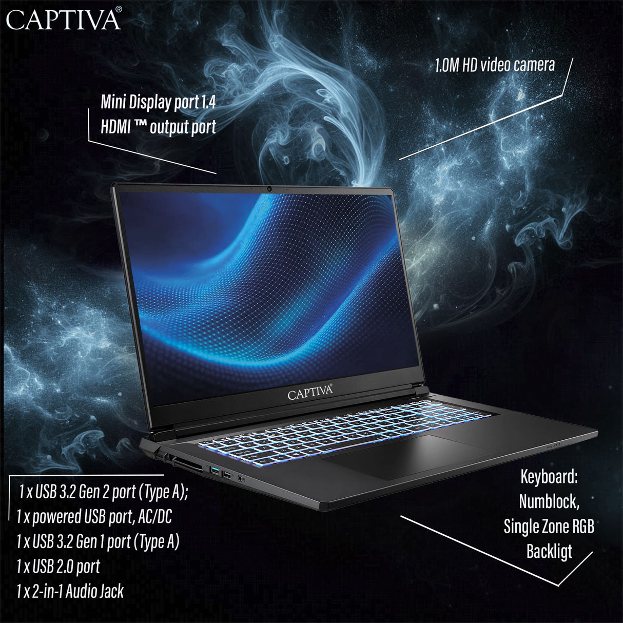 Captiva Notebook Highend Gaming I98-030CH i7-13620H (17.3", 16GB, 1TB SSD, GeForce RTX 5070 8GB, Win 11 Home)