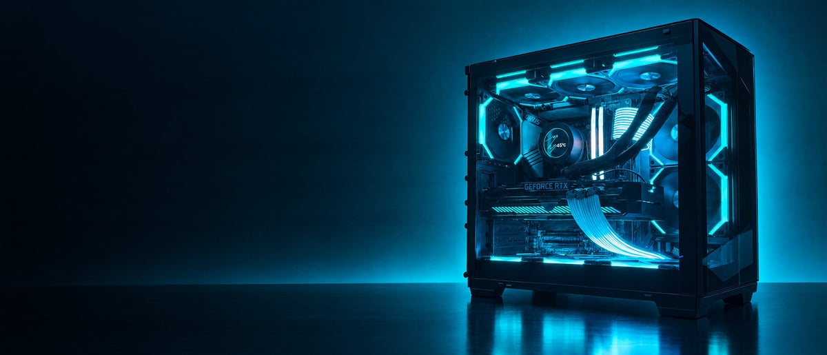 Gaming PC mit Wasserkühlung und Cyan-Beleuchtung